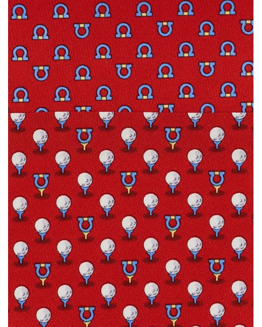 Ferragamo Red Silk Tie With Golf And Gancini for men