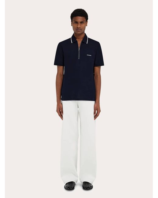 Ferragamo Blue Cotton Polo Shirt With Zip Closure for men