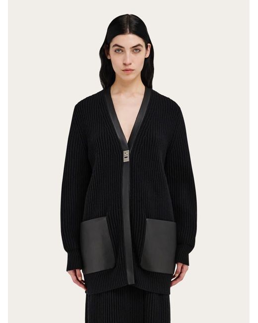 Ferragamo Black Longline Cardigan With Leather Trims