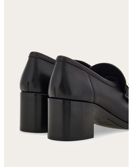 Ferragamo Black Block Heel Loafer With Gancini Ornament
