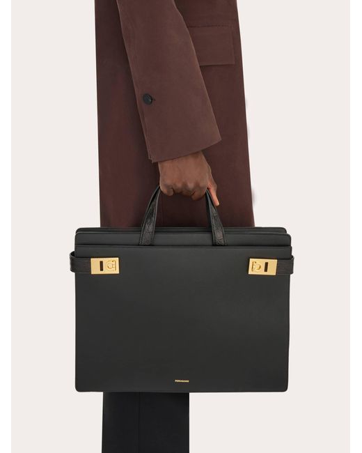 Ferragamo Black Men Business Bag With Gancini Buckles for men