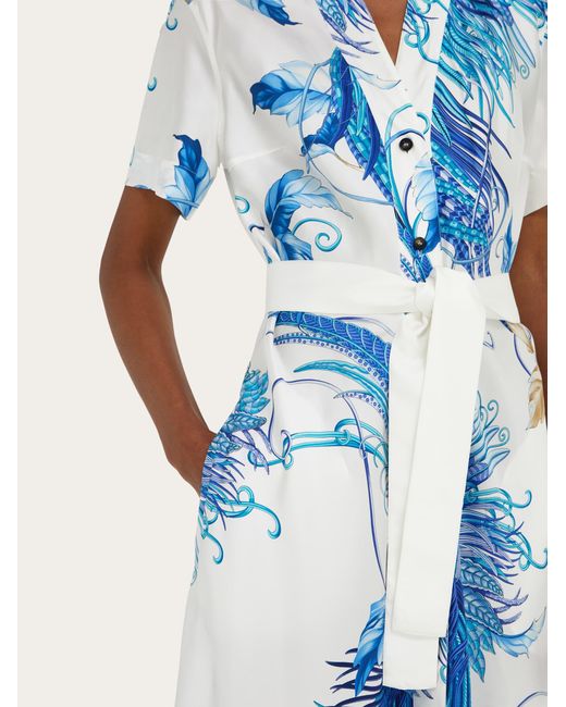 Ferragamo Blue Feather Show Print Asymmetric Midi Dress