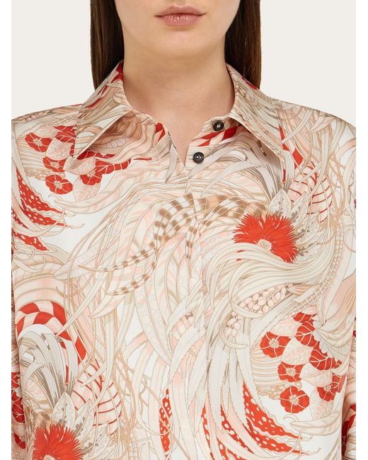 Ferragamo Pink Rooster Print Silk Twill Shirt