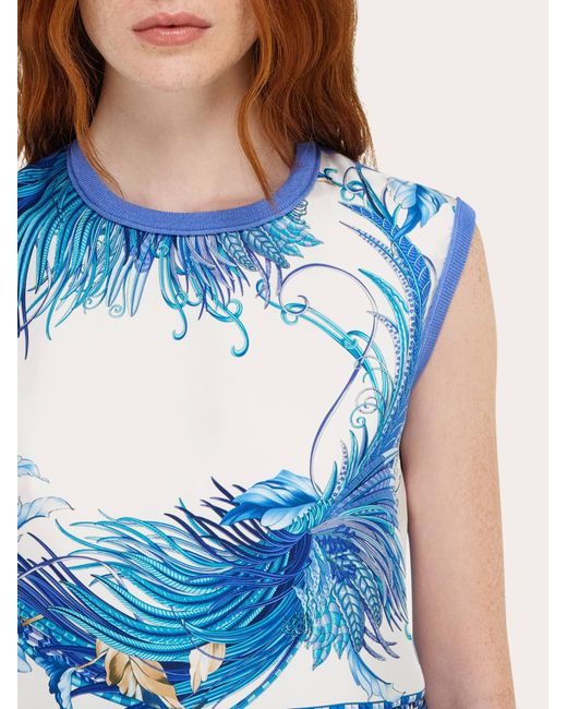 Ferragamo Blue Feather Show Print Sleeveless Sweater
