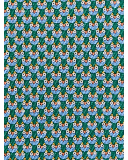 Ferragamo Green Men Owl Print Silk Tie for men