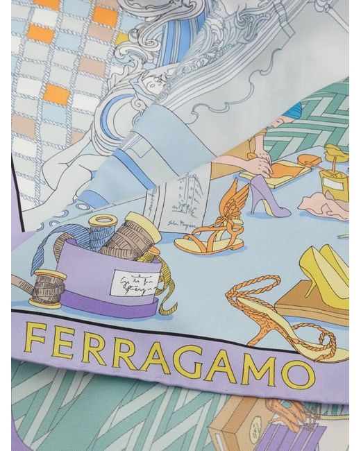 Ferragamo Blue Oggetti Print Silk Foulard