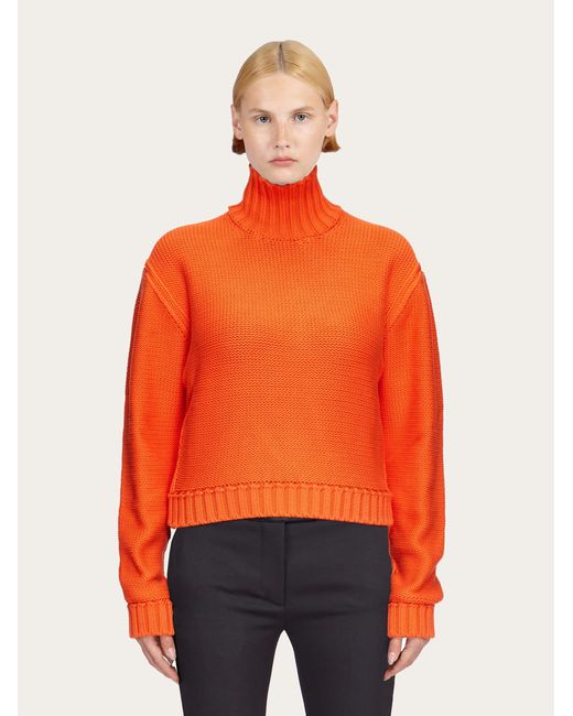 Ferragamo Orange Damen Baumwollpullover mit hohem Halsabschluss