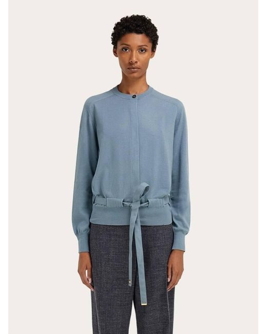 Ferragamo Blue Cardigan With Ribbon Detail