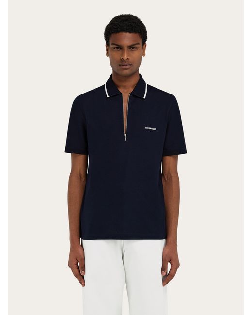 Ferragamo Blue Cotton Polo Shirt With Zip Closure for men
