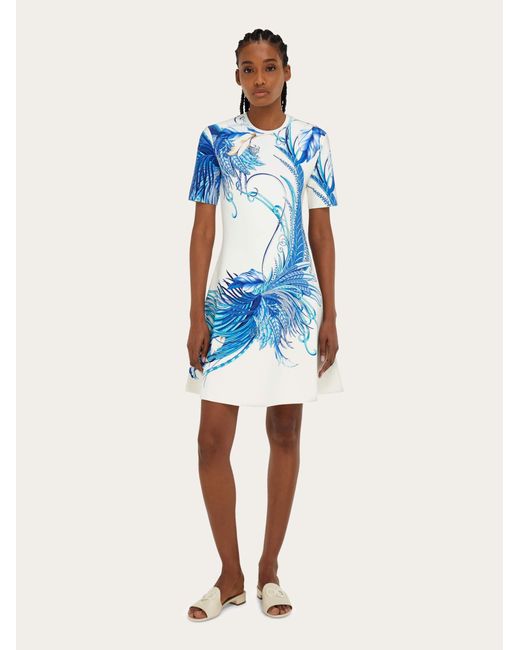 Ferragamo Blue Feather Show Print Dress