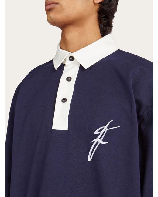 Ferragamo Blue Long Sleeved Polo With Contrasting Collar for men