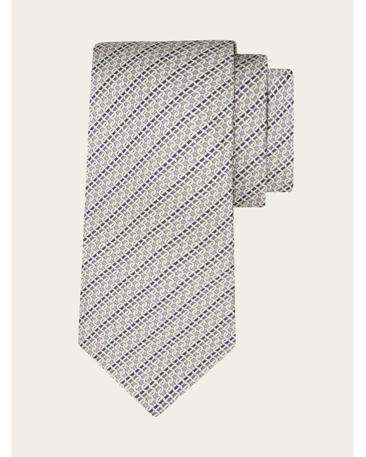 Ferragamo White Printed Silk Tie With Interlocking Gancini And Regimental Stripes for men