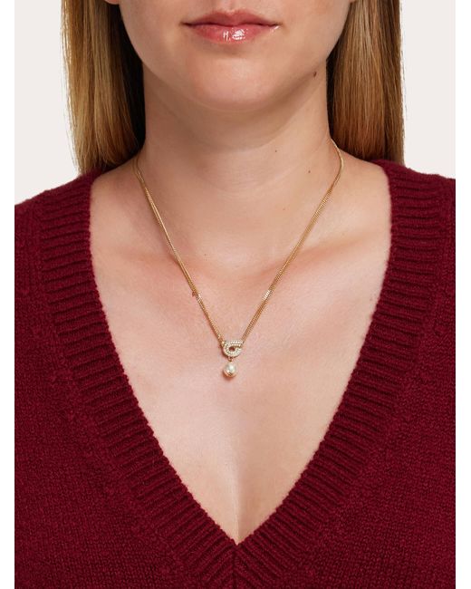 Ferragamo Natural Gancini Pendant Necklace With Pearl And Crystals