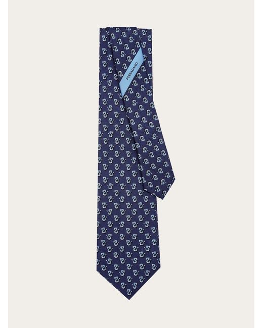 Ferragamo Blue Men Dragon Print Silk Tie for men