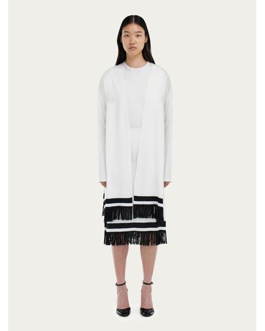 Ferragamo White Longline Cardigan With Fringe Detail