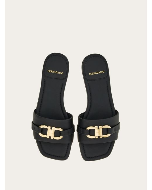 Ferragamo White Flat Slide With Gancini Ornament