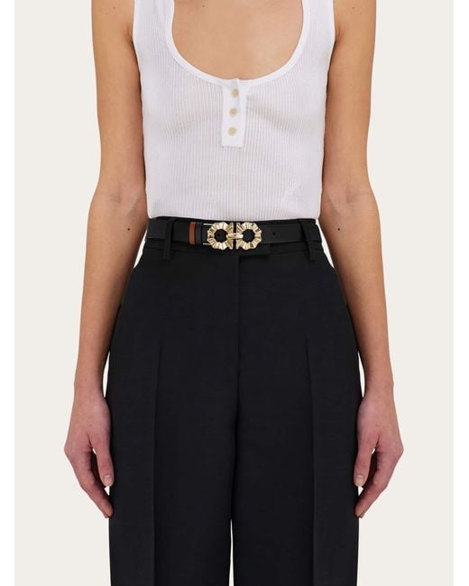 Ferragamo White Reversible And Adjustable Belt With Shaped Gancini