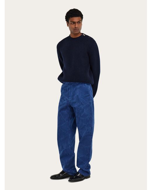 Ferragamo Blue Rib Knit Crew Neck Sweater With Hug Buckle Detail for men