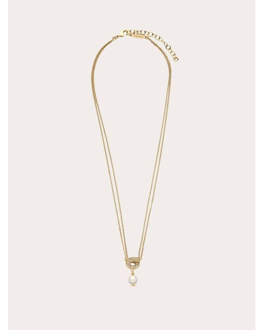 Ferragamo Natural Gancini Pendant Necklace With Pearl And Crystals