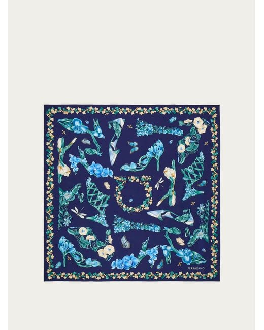 Ferragamo Blue Eden Shoes Print Silk Scarf