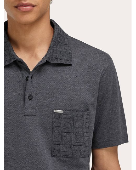Ferragamo Blue V-Neck Polo With Jacquard Pocket Detail for men
