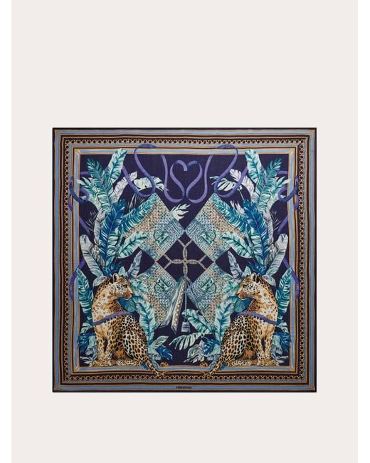 Ferragamo Blue Feline Print Cashmere Shawl