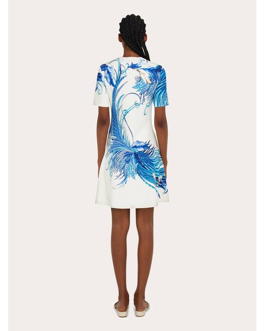 Ferragamo Blue Feather Show Print Dress