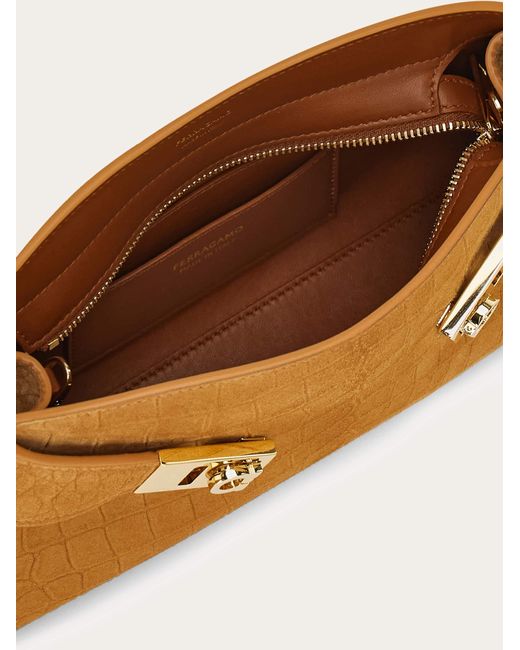 Ferragamo Brown Hug Mini Croc-Effect Tote Bag