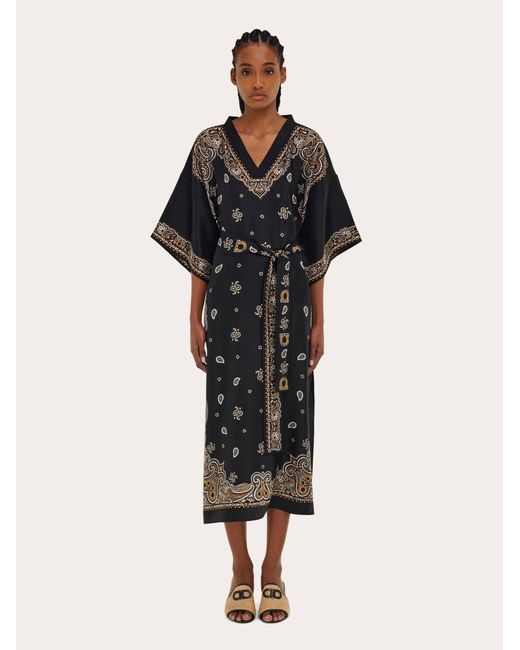 Ferragamo Black Arabesque Print Silk Caftan
