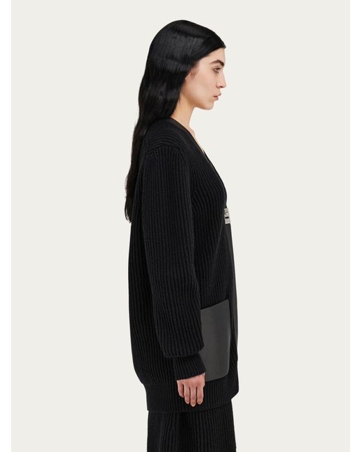 Ferragamo Black Longline Cardigan With Leather Trims
