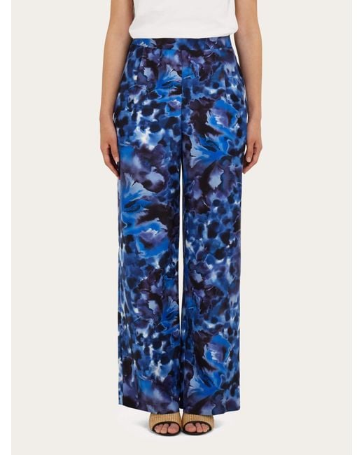 Ferragamo Blue Carnation Print Silk Trouser