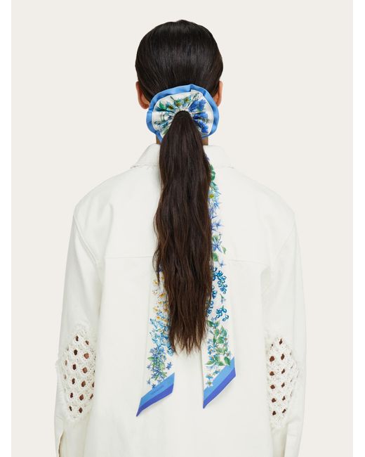 Ferragamo Blue Spring Print Silk Scrunchie With Mini Bandeau