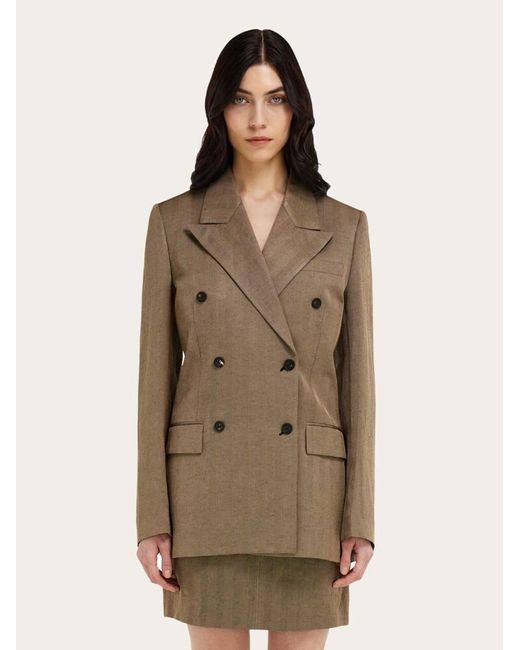 Ferragamo Natural Double Breasted Linen Blend Blazer