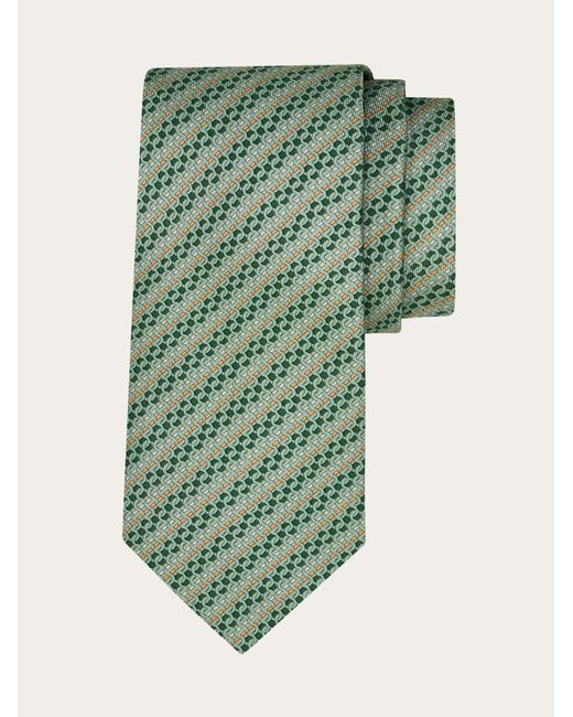Ferragamo Green Printed Silk Tie With Interlocking Gancini And Regimental Stripes for men