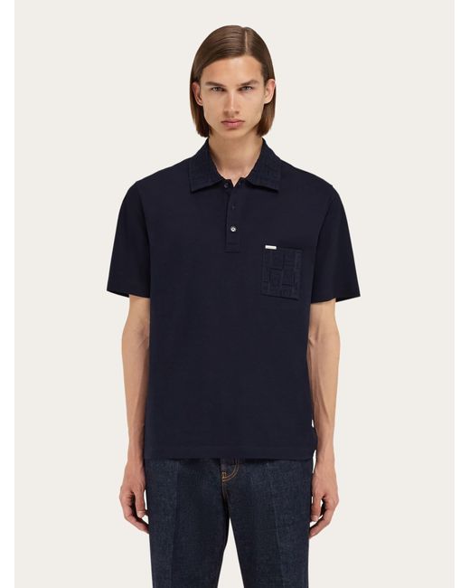 Ferragamo Blue V-Neck Polo With Jacquard Pocket Detail for men