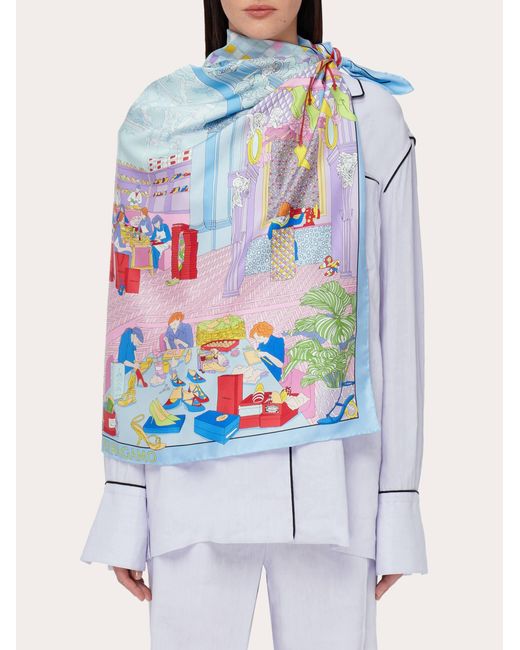 Ferragamo Blue Atelier Print Silk Scarf