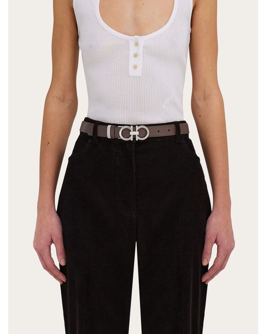 Ferragamo White Reversible And Adjustable Belt With Hammered Gancini