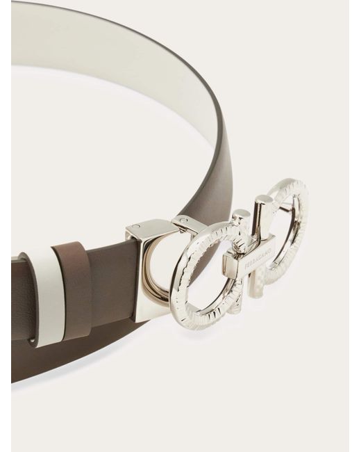 Ferragamo White Reversible And Adjustable Belt With Hammered Gancini