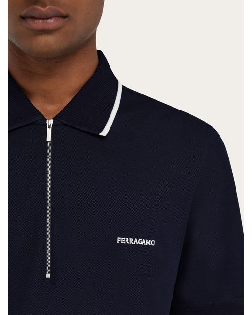 Ferragamo Blue Cotton Polo Shirt With Zip Closure for men