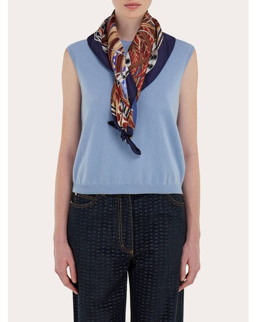 Ferragamo Blue Rooster Print Silk Scarf
