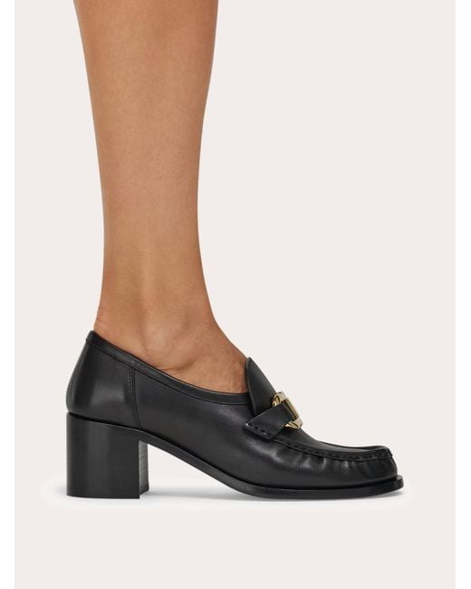 Ferragamo Black Block Heel Loafer With Gancini Ornament