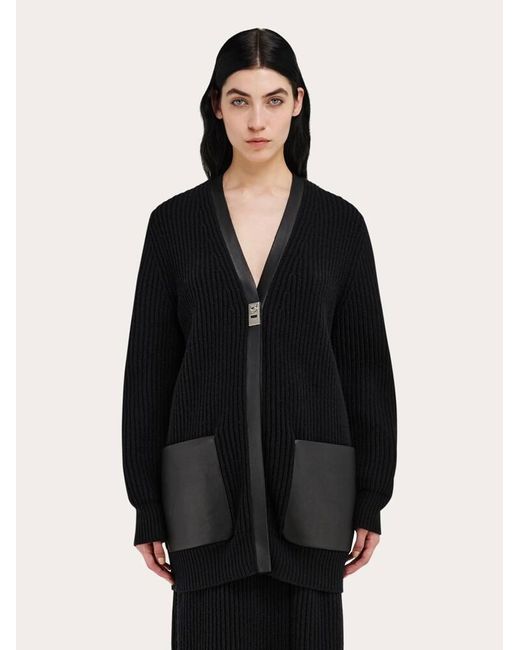 Ferragamo Black Longline Cardigan With Leather Trims