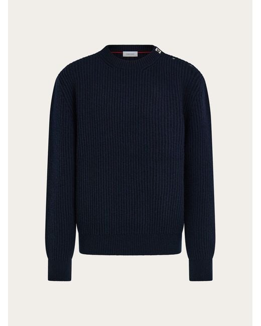 Ferragamo Blue Rib Knit Crew Neck Sweater With Hug Buckle Detail for men