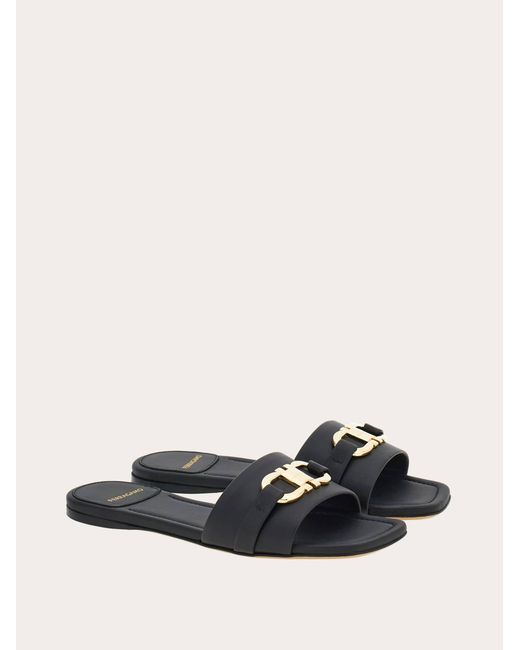 Ferragamo White Flat Slide With Gancini Ornament