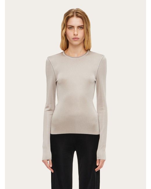 Ferragamo Long Sleeved Ribbed Top in Natural | Lyst