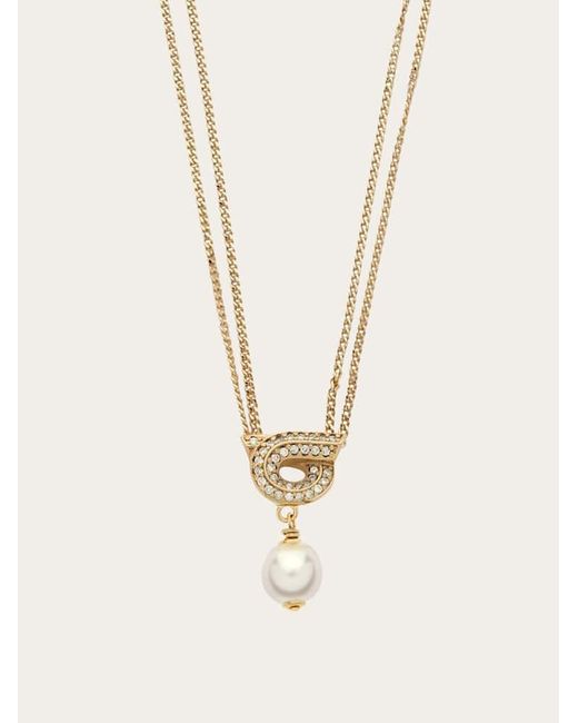 Ferragamo Natural Gancini Pendant Necklace With Pearl And Crystals
