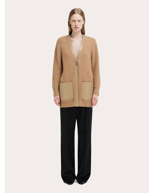 Ferragamo Natural Longline Cardigan With Leather Trims
