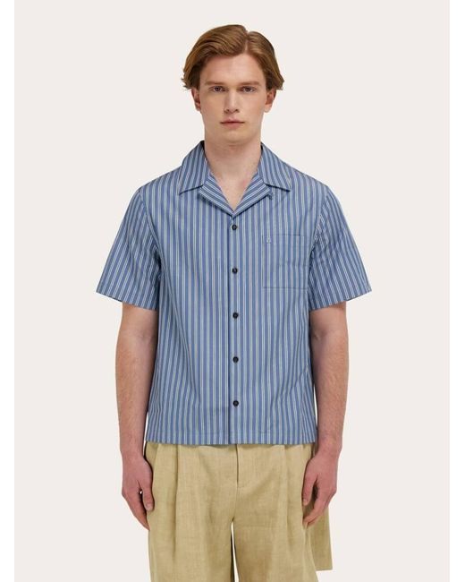 Ferragamo Blue Short Sleeve Popline Shirt for men