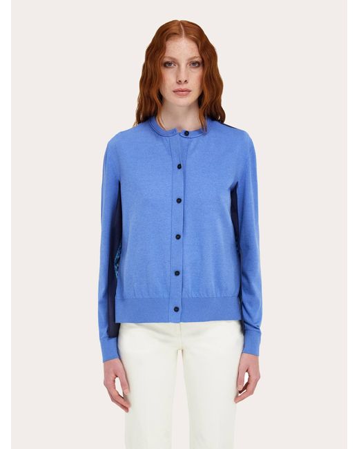Ferragamo Blue Feather Show Print Crew-Neck Cardigan