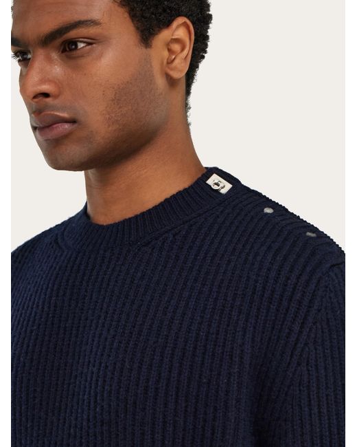Ferragamo Blue Rib Knit Crew Neck Sweater With Hug Buckle Detail for men